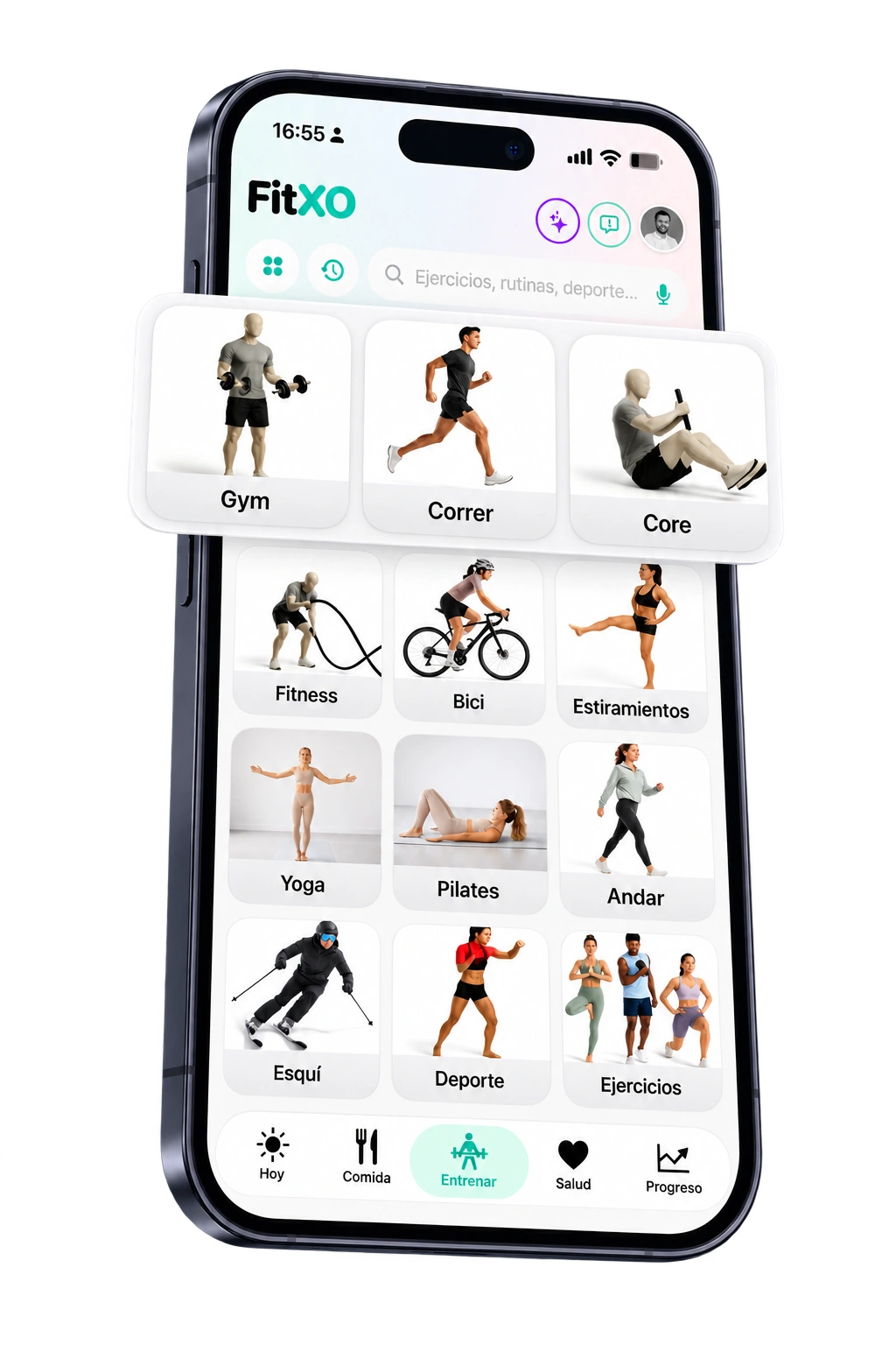 iPhone completo con las actividades de FitXO, sin fondo