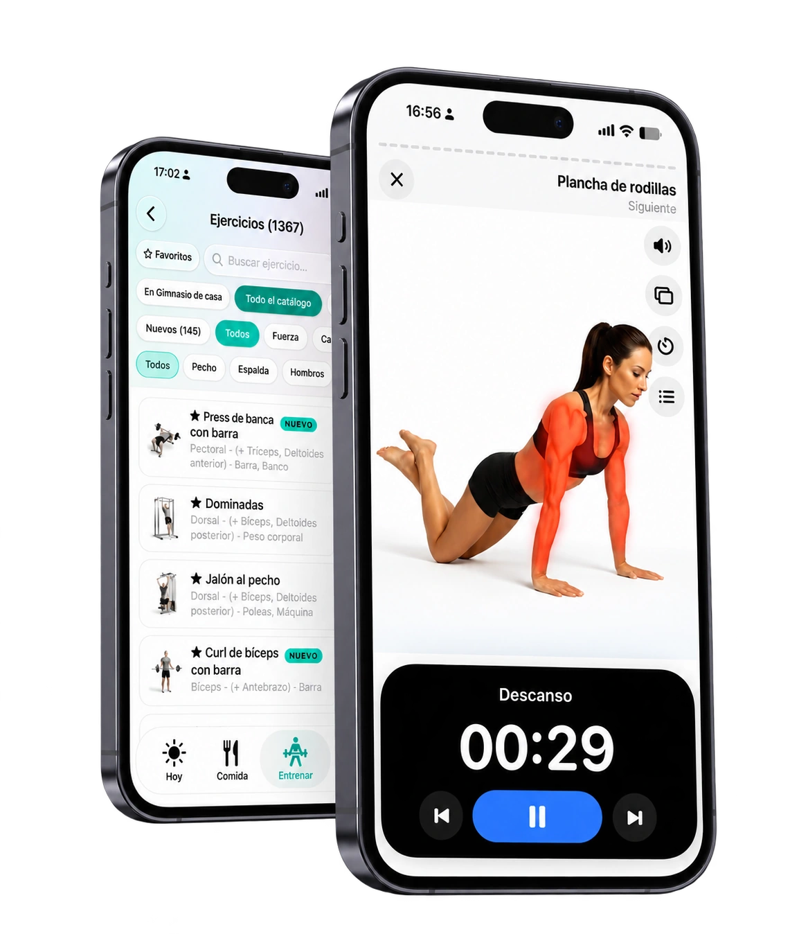 Dos iPhone completos con catálogo y ejercicio guiado de plancha