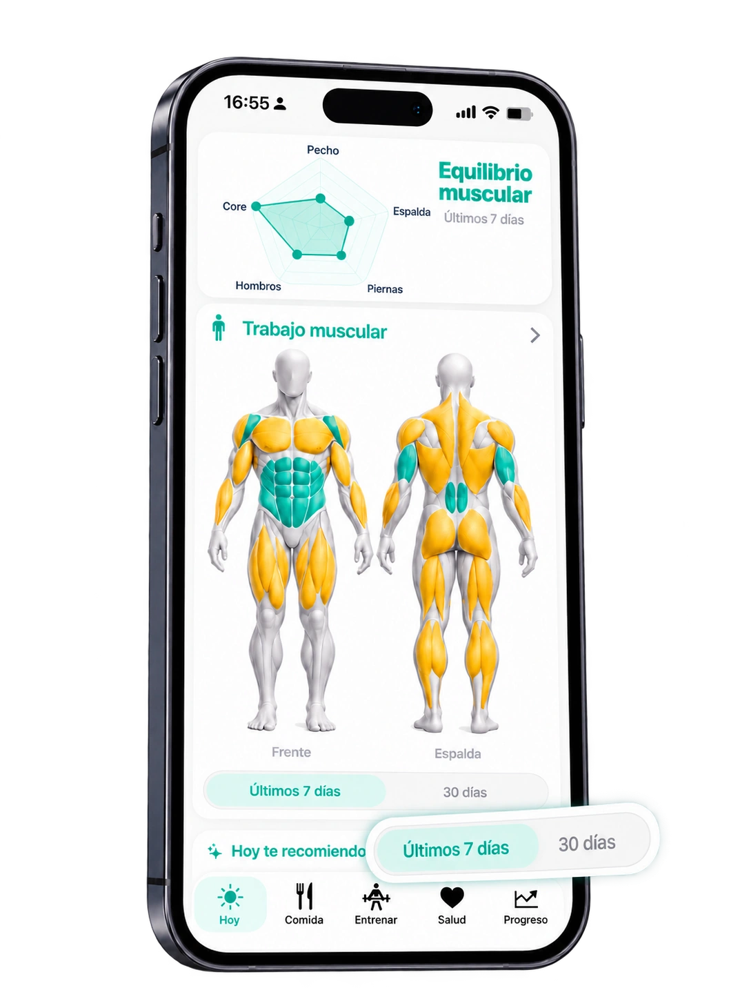 iPhone completo con el mapa muscular de FitXO