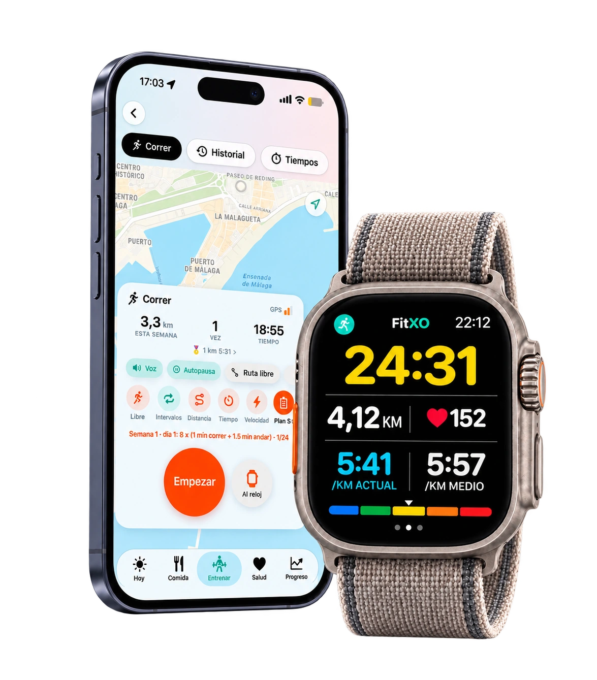 iPhone y Apple Watch completos con el diseño de entrenamiento de FitXO