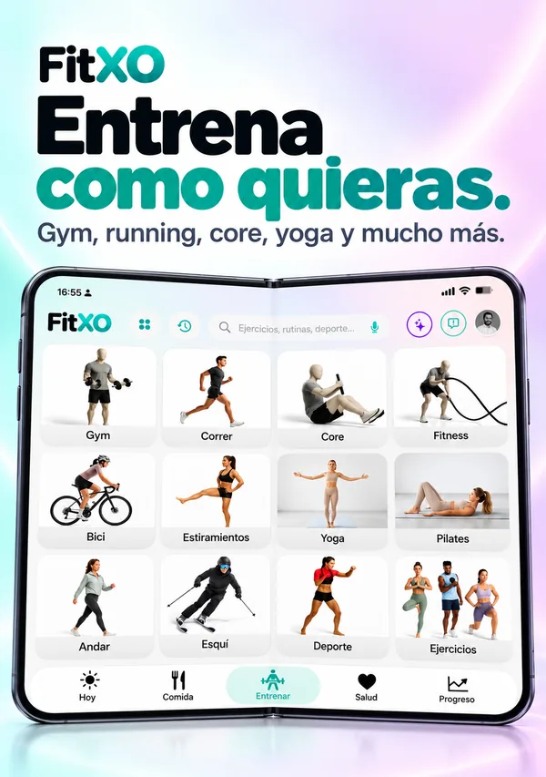 FitXO en el iPhone Duo desplegado: gimnasio, correr, core, yoga y más deportes
