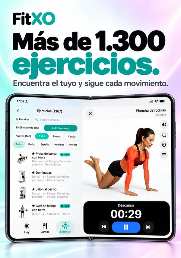 FitXO en el iPhone Duo desplegado: ejercicios guiados con su animación y el descanso