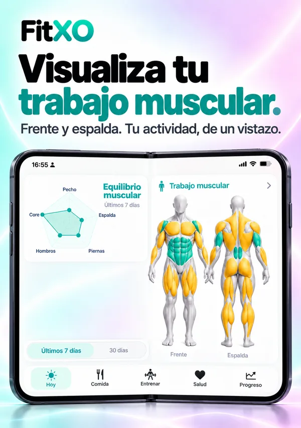 FitXO en el iPhone Duo desplegado: el equilibrio muscular de frente y de espalda