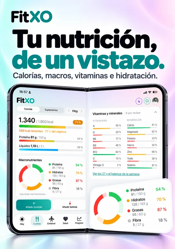 FitXO en el iPhone Duo desplegado: calorías, macros, vitaminas e hidratación