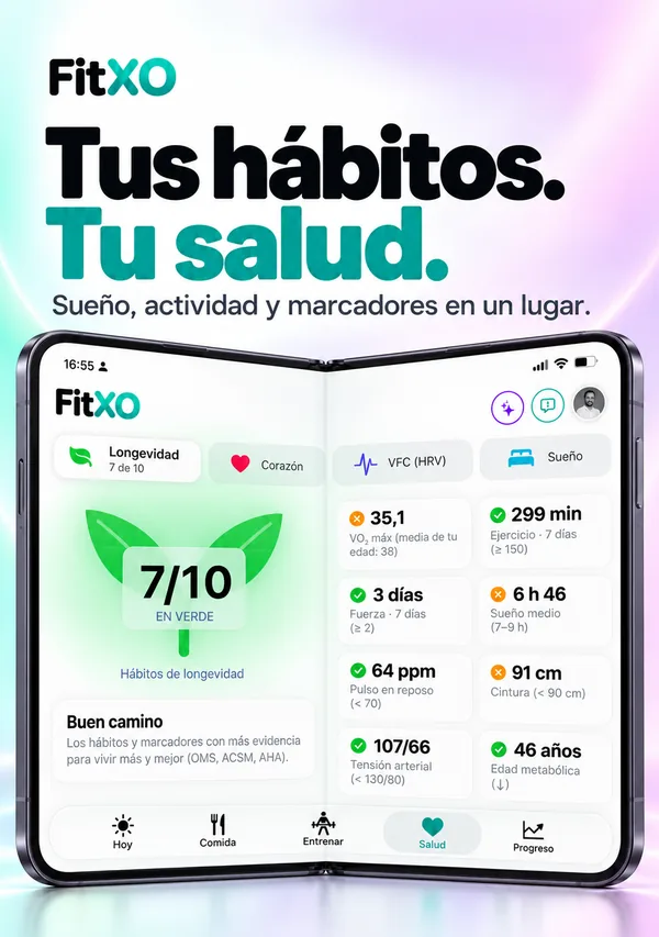 FitXO en el iPhone Duo desplegado: sueño, actividad y marcadores de salud