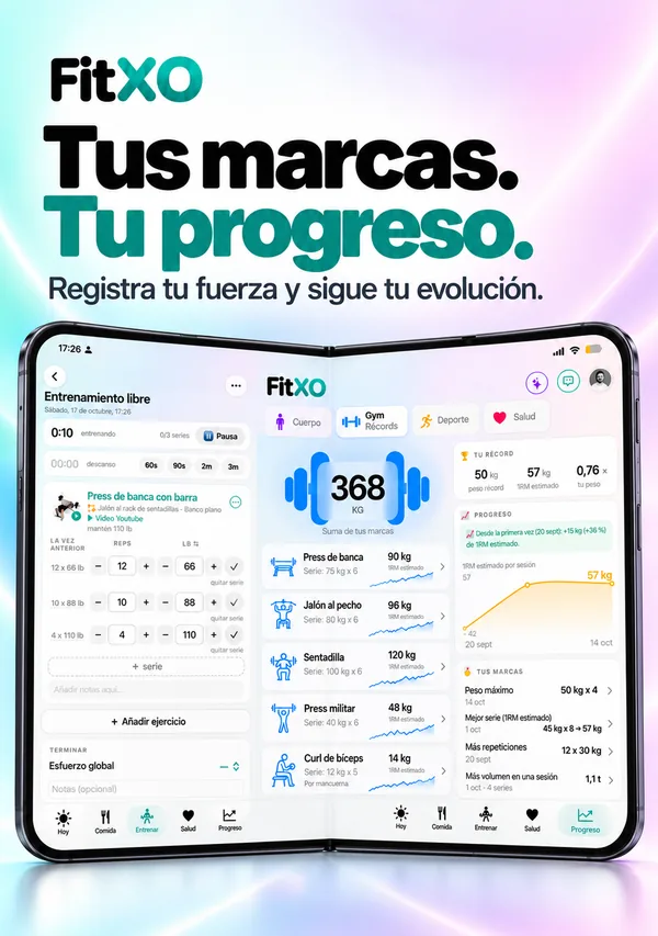 FitXO en el iPhone Duo desplegado: registro de fuerza y su evolución