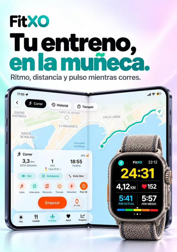 FitXO en el iPhone Duo desplegado: una carrera con el mapa y el Apple Watch