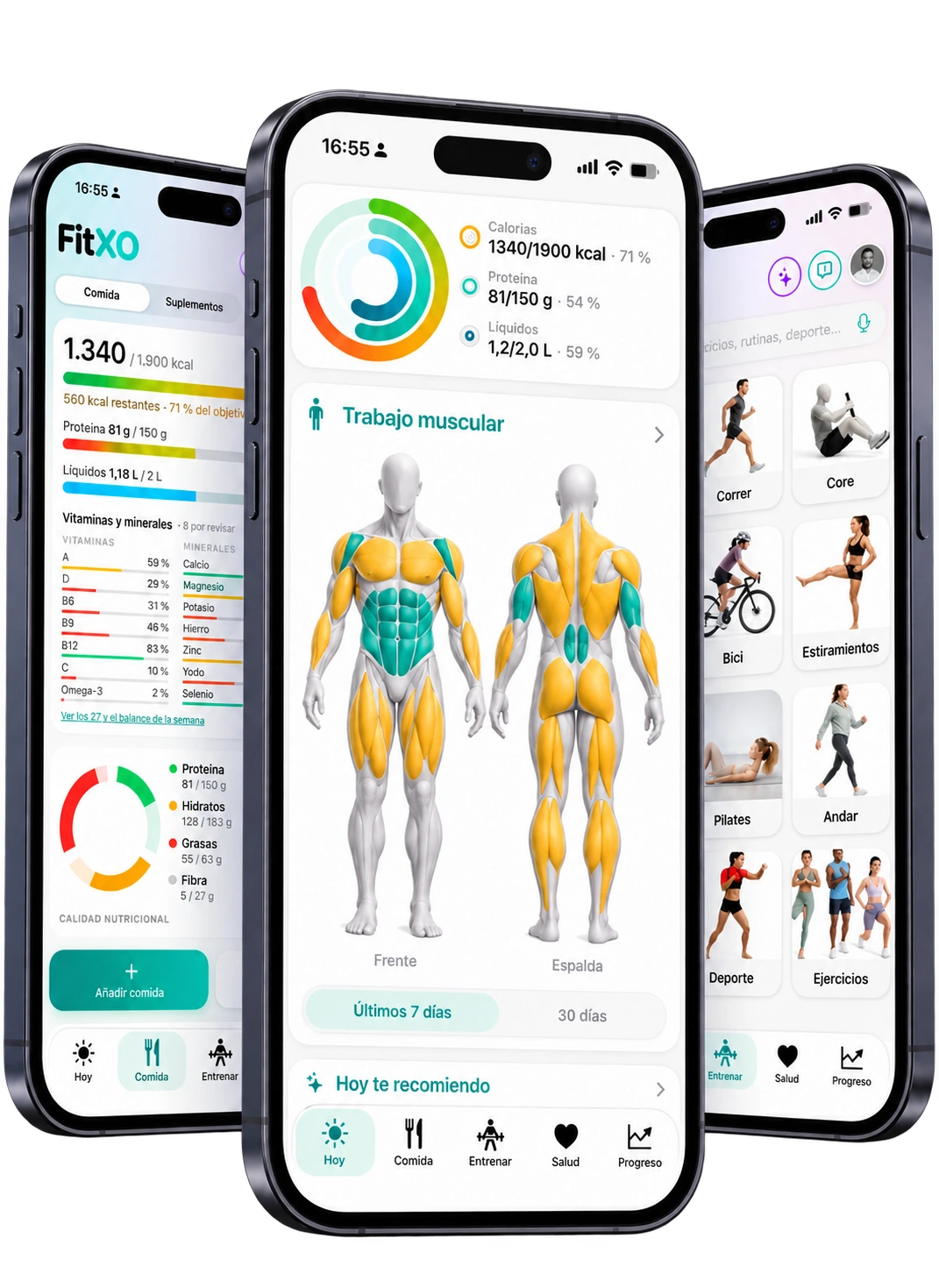 Tres iPhone con las pantallas de nutrición, trabajo muscular y actividades de FitXO
