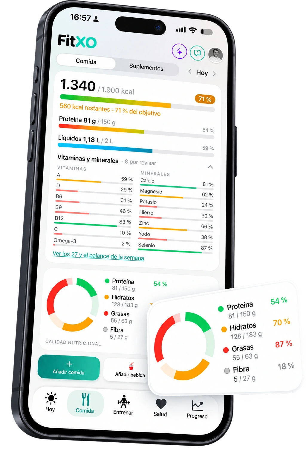 iPhone con el panel de nutrición y gráfico de macros, sin fondo